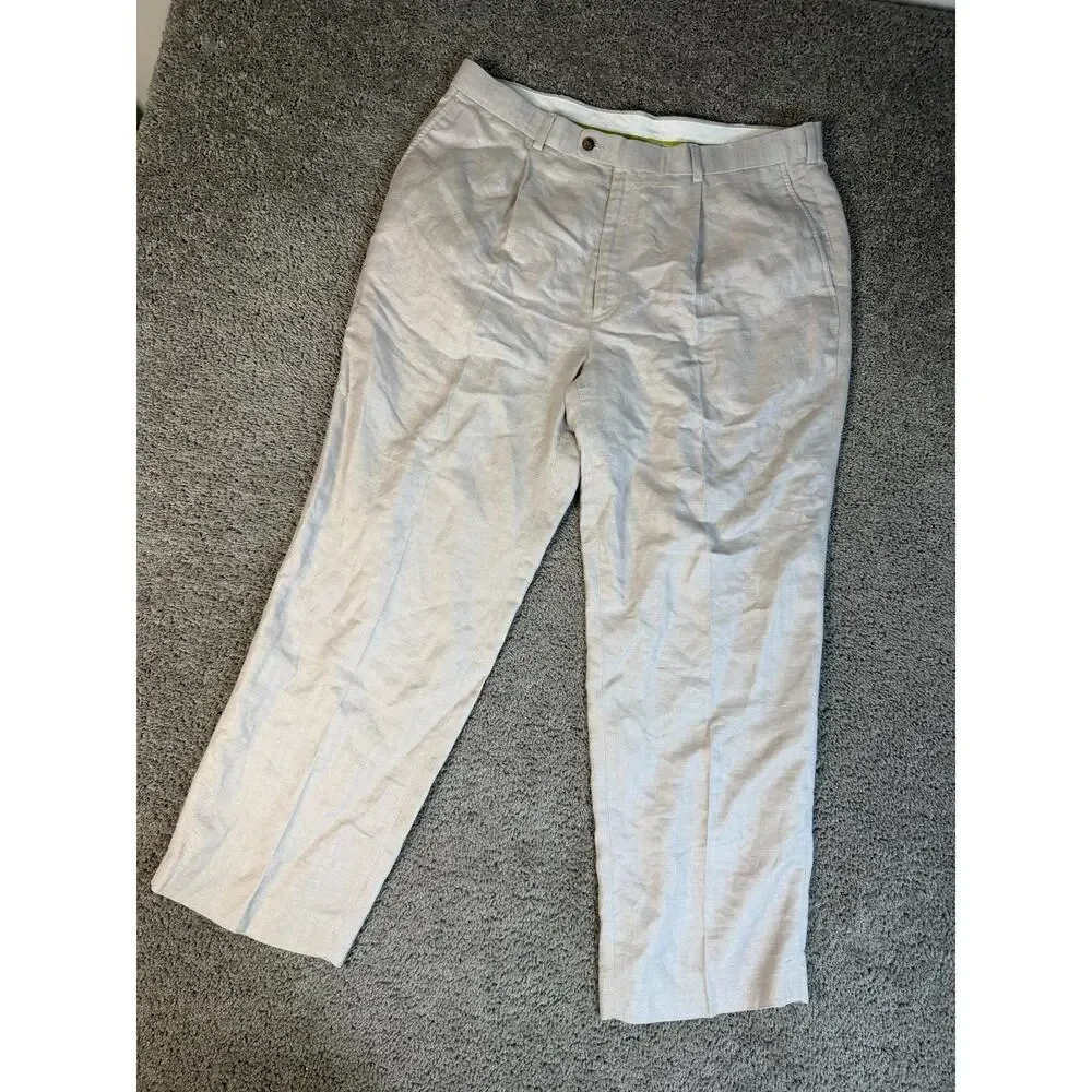 Cubavera Pants Mens 38x30 Beige Linen Rayon Pleated Classic Fit Pockets